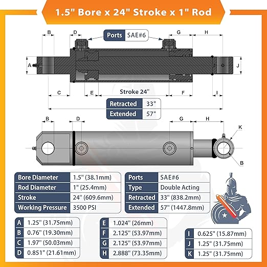 1.5x24 Hydraulic Cylinder - Double Acting Welded Tang Universal Hydraulic Cylinder 1.5" Bore x 24" Stroke - SAE 6 Ports - 3500 Psi