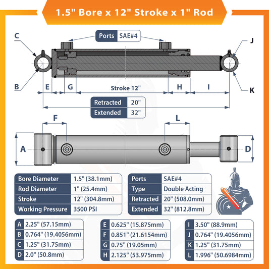 1.5x12 Hydraulic Cylinder - 1.5 Bore 12 Stroke Double Acting Welded Cross Tube Hydraulic Cylinder 3500 PSI