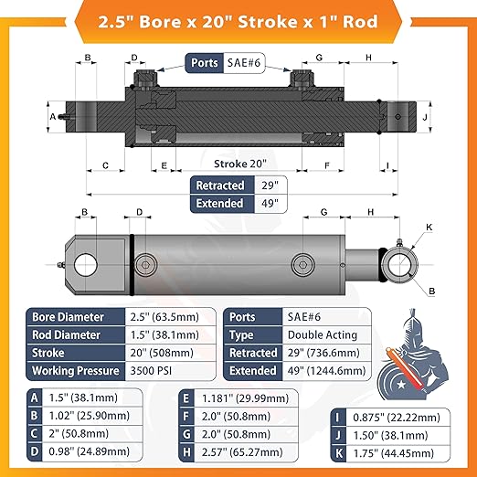 2.5x20 Hydraulic Cylinder -2.5" Bore, 20" Stroke Double Acting Hydraulic Cylinder Welded Tang Universal Cylinder SAE#8-3500 PSI
