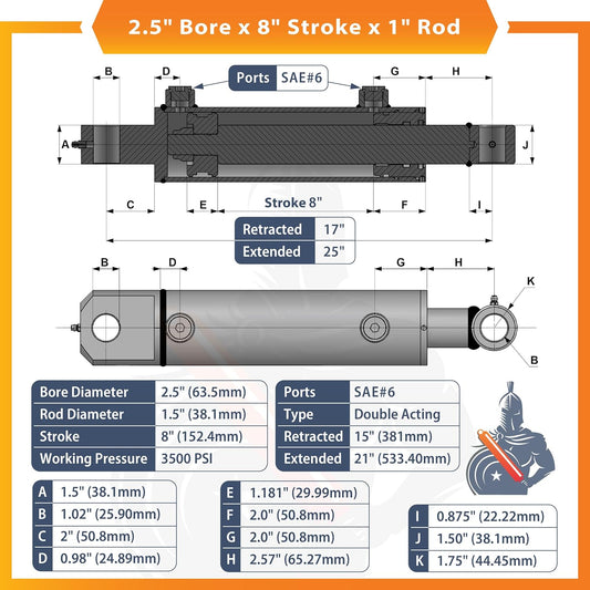 2.5 x 8 Hydraulic Cylinder - 2.5 Inch Bore x 8 Inch Stroke Double Acting Hydraulic Cylinder Universal Welded Tang - SAE 8 Ports, 3500 Psi