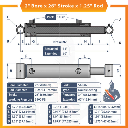 2x26 Hydraulic Cylinder - 2 Bore 26 Stroke Double Acting Welded Cross Tube Hydraulic Cylinder 3500 PSI