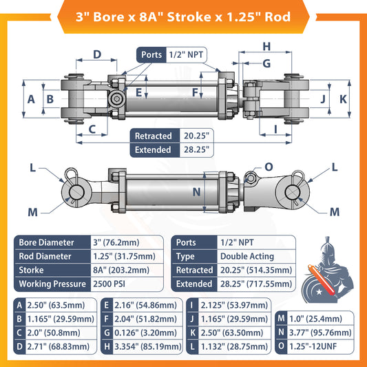 3x8A Hydraulic Cylinder - 3 Bore 8 ASAE Stroke Double Acting Tie Rod Hydraulic Cylinder 2500 PSI