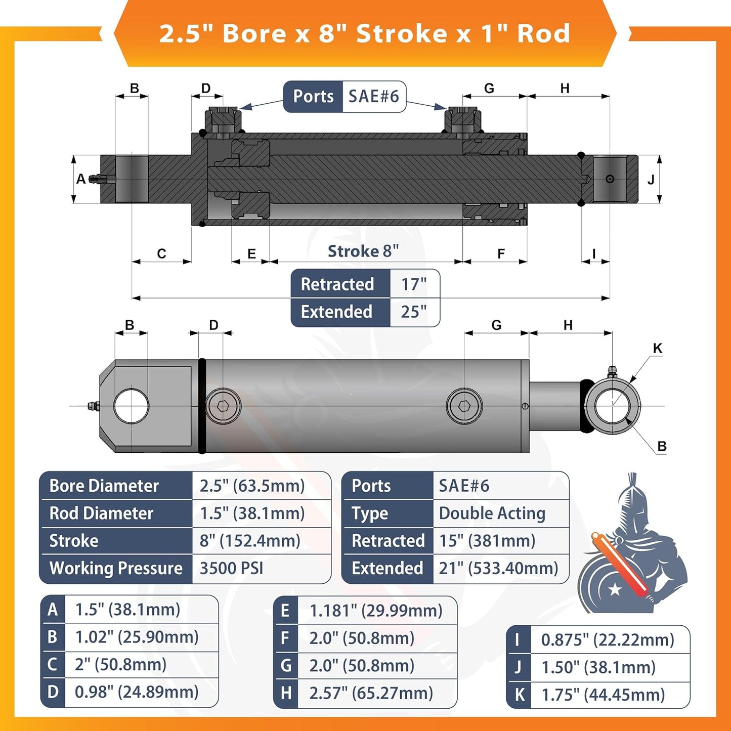 2.5 x 8 Hydraulic Cylinder - 2.5 Inch Bore x 8 Inch Stroke Double Acting Hydraulic Cylinder Universal Welded Tang - SAE 8 Ports, 3500 Psi