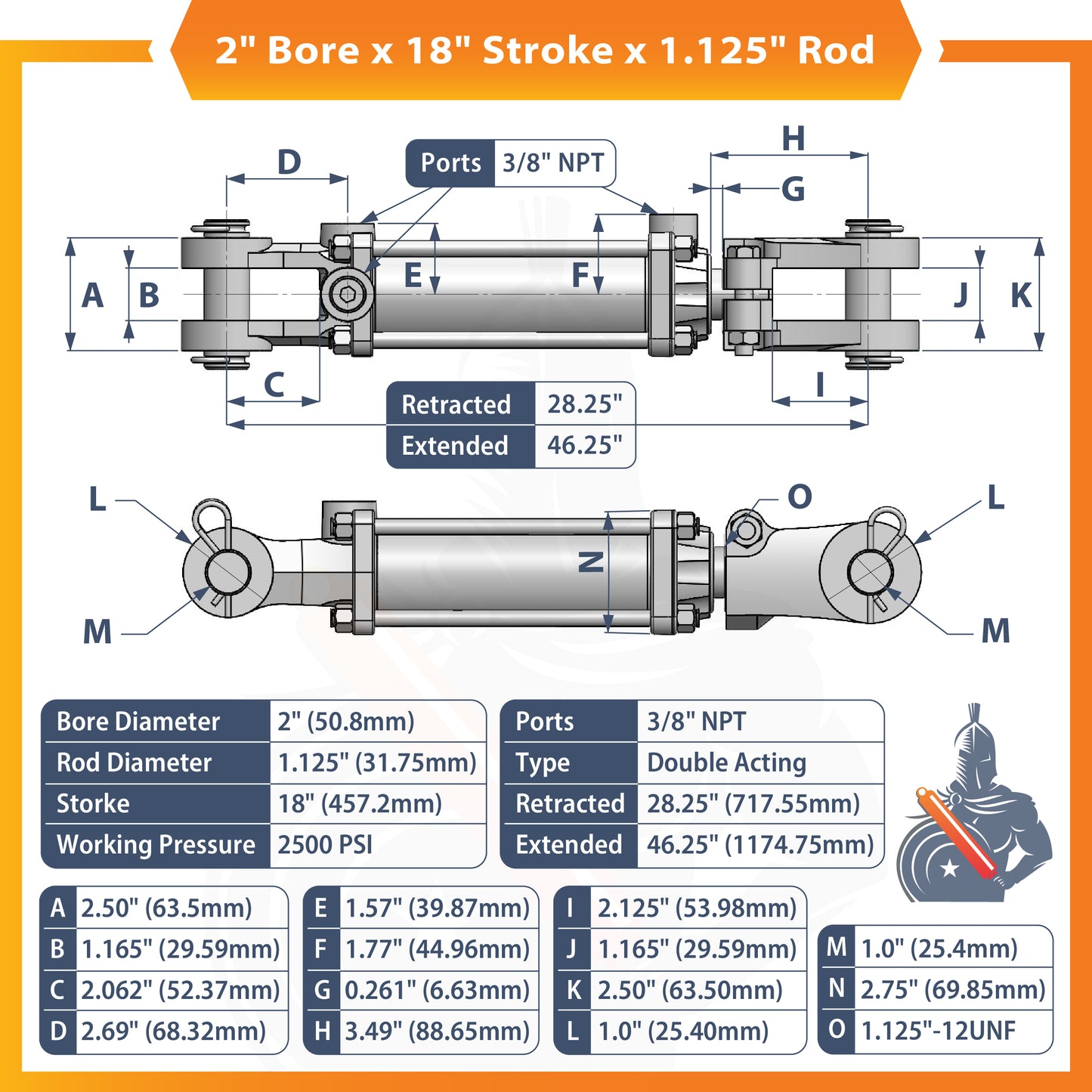 2x18 Hydraulic Cylinder -   2 Bore 18 Stroke   Double Acting Tie Rod Hydraulic Cylinder  2500 PSI