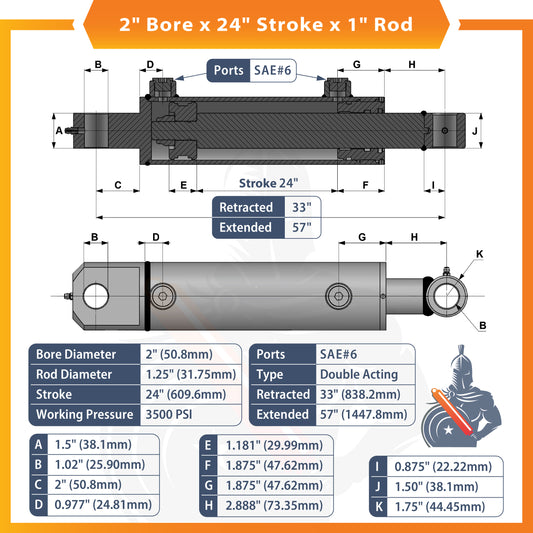 2x24 Hydraulic Cylinder -   2 Bore 24 Stroke  Double Acting Welded Tang Hydraulic Cylinder  3500 PSI