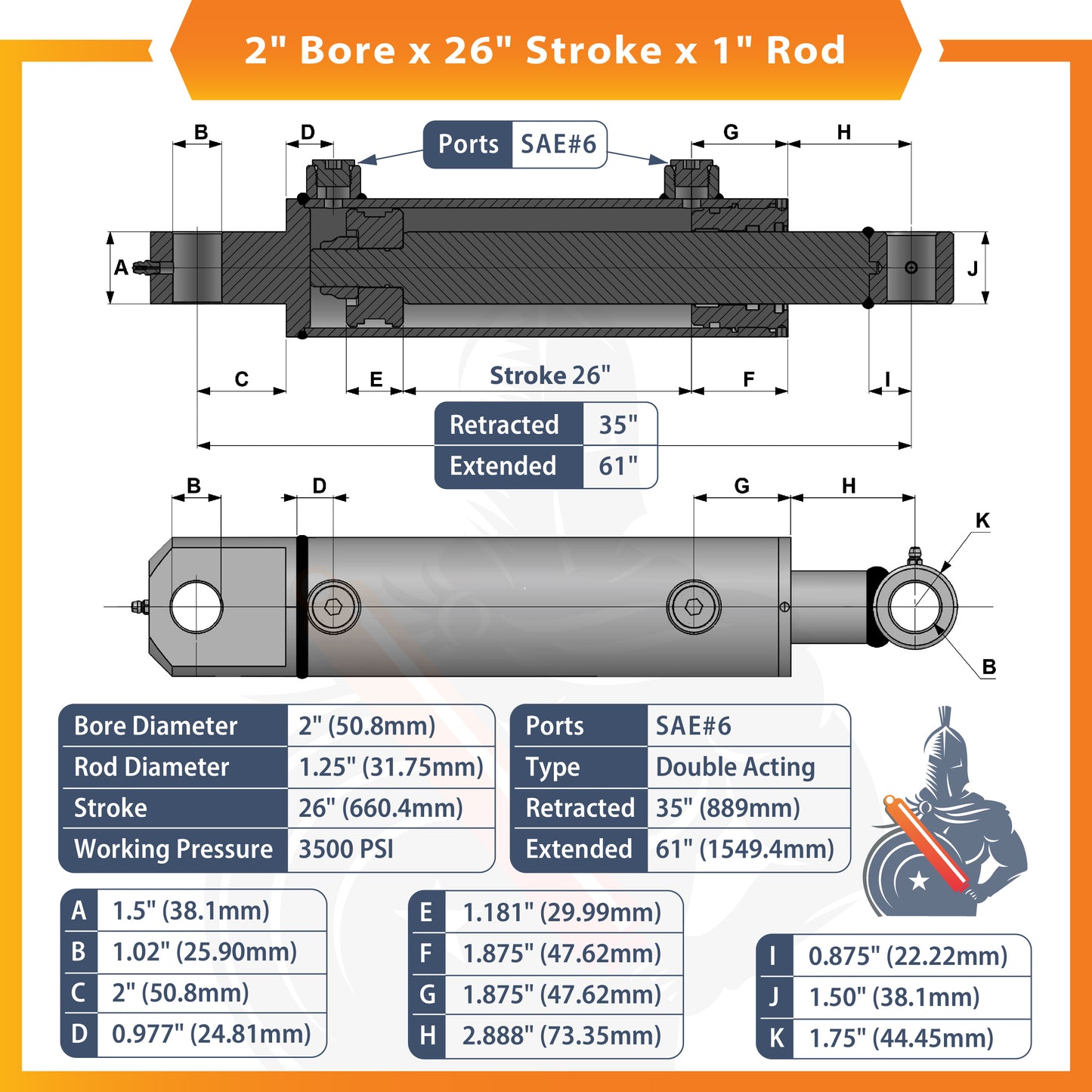 2x26 Hydraulic Cylinder -   2 Bore 26 Stroke  Double Acting Welded Tang Hydraulic Cylinder  3500 PSI