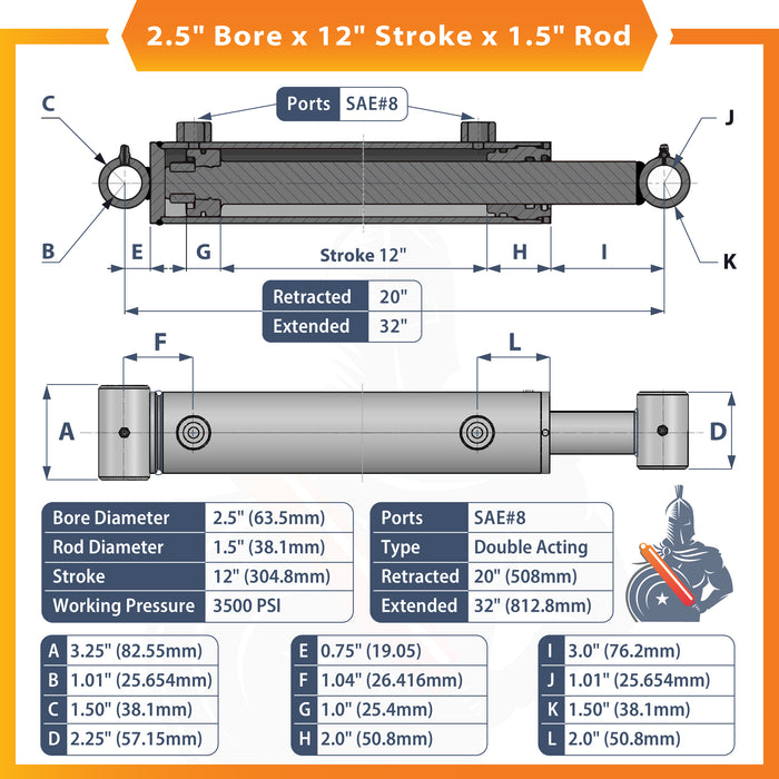 2.5x12 Hydraulic Cylinder -   2.5 Bore 12 Stroke Double Acting Welded Cross Tube Hydraulic Cylinder 3500 PSI