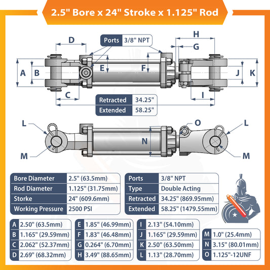 2.5x24 Hydraulic Cylinder -   2.5 Bore 24 Stroke  Double Acting Tie Rod Hydraulic Cylinder  2500 PSI