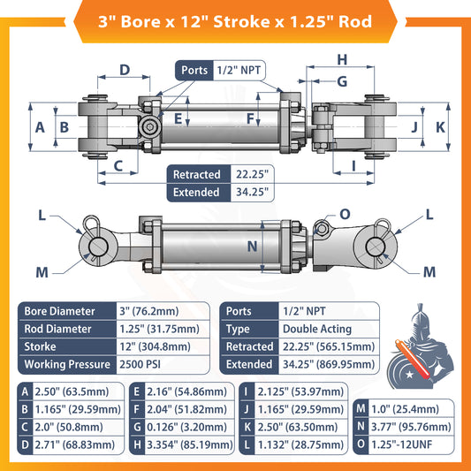 3x12 Hydraulic Cylinder -   3 Bore 12 Stroke  Double Acting Tie Rod Hydraulic Cylinder  2500 PSI