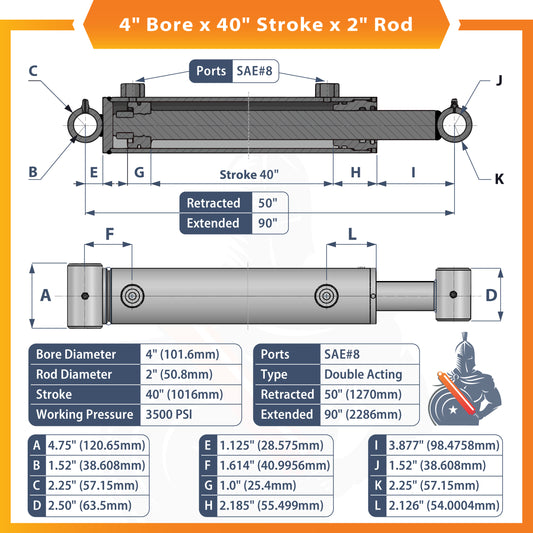 4x42 Hydraulic Cylinder -   4 Bore 42 Stroke Double Acting Welded Cross Tube Hydraulic Cylinder 3500 PSI