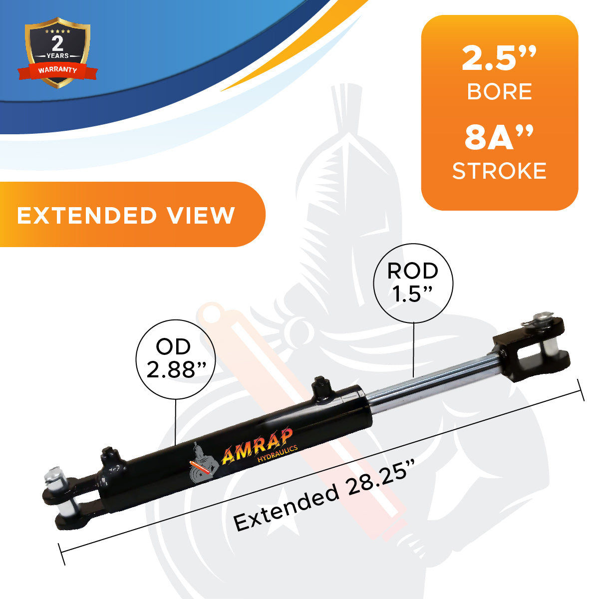 2.5x8A Hydraulic Cylinder -   2.5 Bore 8 ASAE Stroke  Double Acting Welded Clevis Hydraulic Cylinder  3000 PSI
