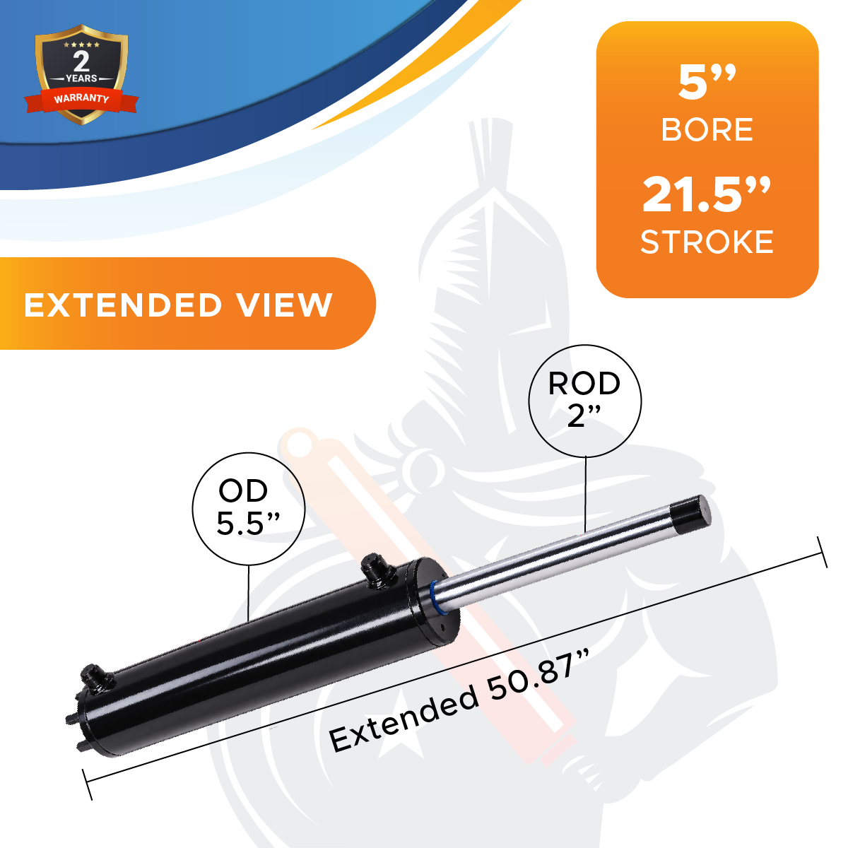 5x21.5 Hydraulic Cylinder for Dump Trailer – 5" Bore x 21.5" Stroke, 3500 PSI Double Acting Dump Hoist Hydraulic Cylinder, Welded Steel Trailer Hoist Cylinder (5x21.5)