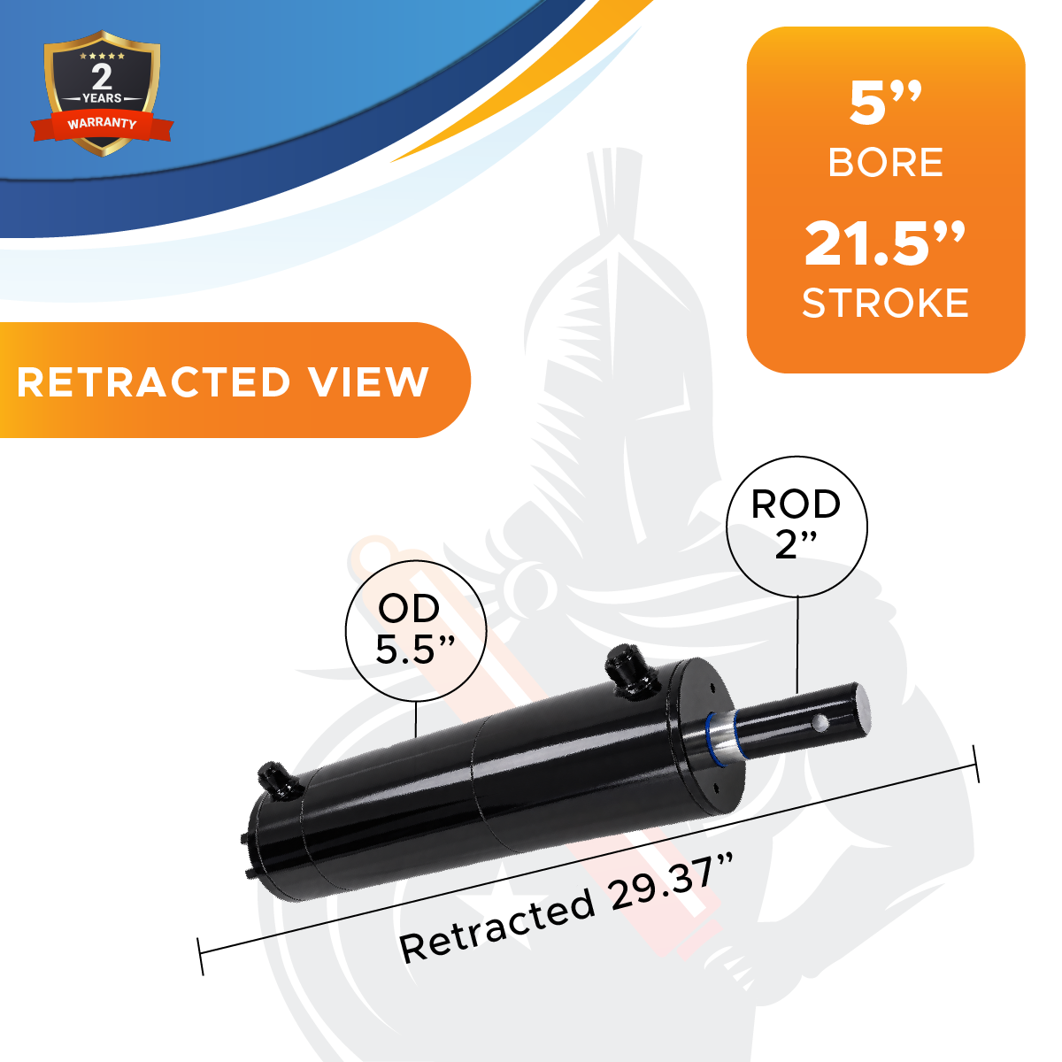 5x21.5 Hydraulic Cylinder for Dump Trailer – 5" Bore x 21.5" Stroke, 3500 PSI Double Acting Dump Hoist Hydraulic Cylinder, Welded Steel Trailer Hoist Cylinder (5x21.5)